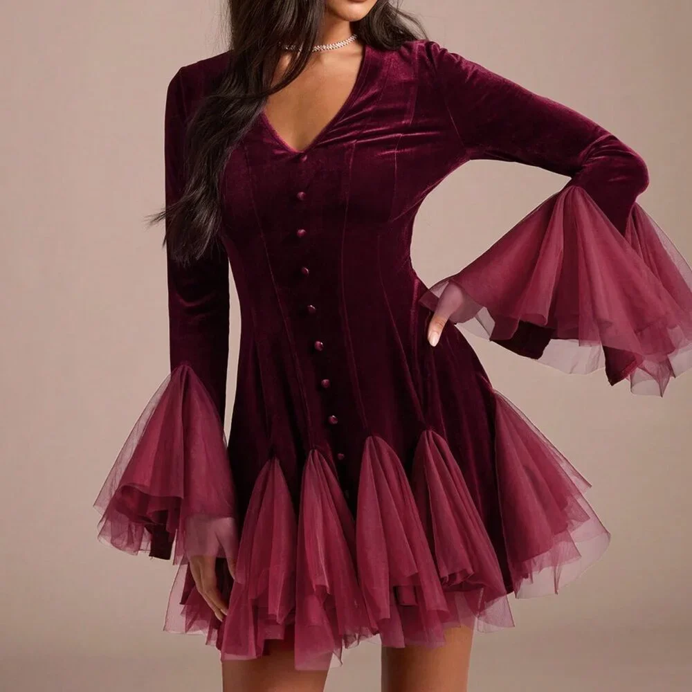 Burgundy Elegant Women's V-Neck Mini Dress - Picture 4 of 7